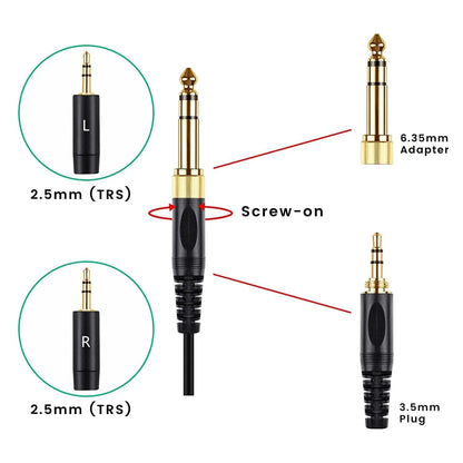 Black 1.8m replacement headset cable with double 25mm plug and spring connection for HE400i HE560