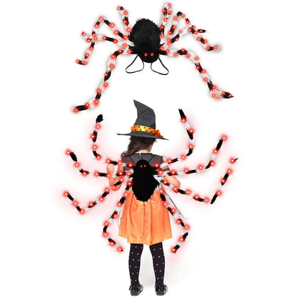 Halloween spider backpack with LED lights in plush material, available in multiple sizes and colours