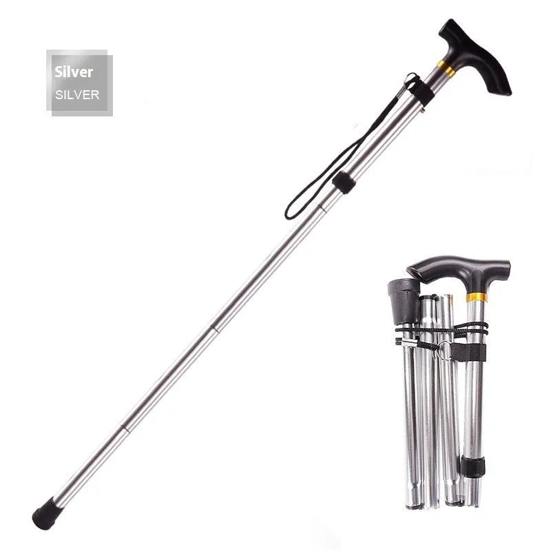 Aluminium alloy folding cane extended to 95 cm with non-slip rubber tip, showing adjustable height mechanism