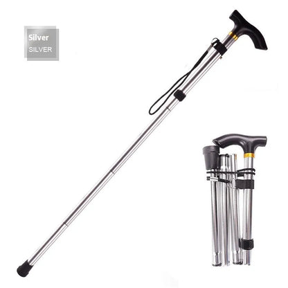 Aluminium alloy folding cane extended to 95 cm with non-slip rubber tip, showing adjustable height mechanism