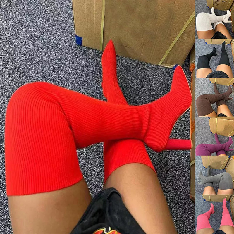 Women's over knee long boots with pointed toe and high heel in various colors