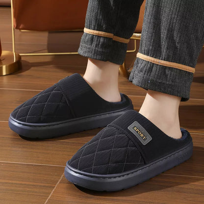 Men's navy blue winter plush house slippers with non-slip sole