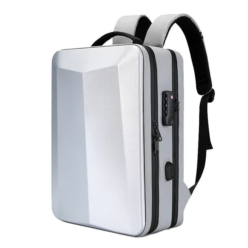 Black waterproof business backpack with structured ABS PC frame and curved shoulder straps