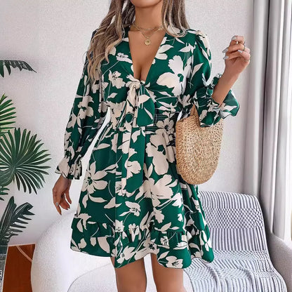 Floral printed V-neck long sleeve chiffon dress with ruffles and bowknot