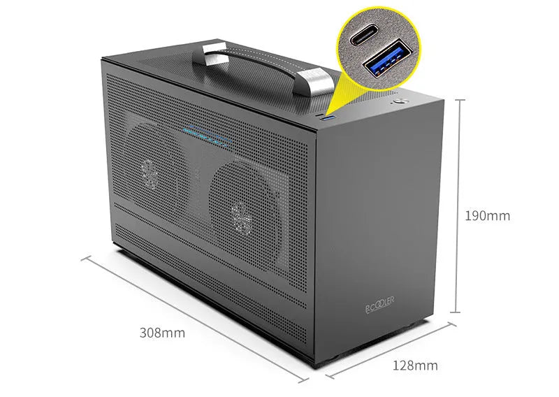 Three Hummingbird Portable ITX desktop computer chassis in titanium grey with tinned steel construction