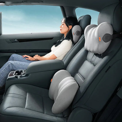 Grey and orange car headrest and lumbar pillow set with memory cotton filler for suspension bin vehicles