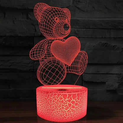 3D acrylic teddy bear LED night light with remote control showing 16 colour options and 85mm base