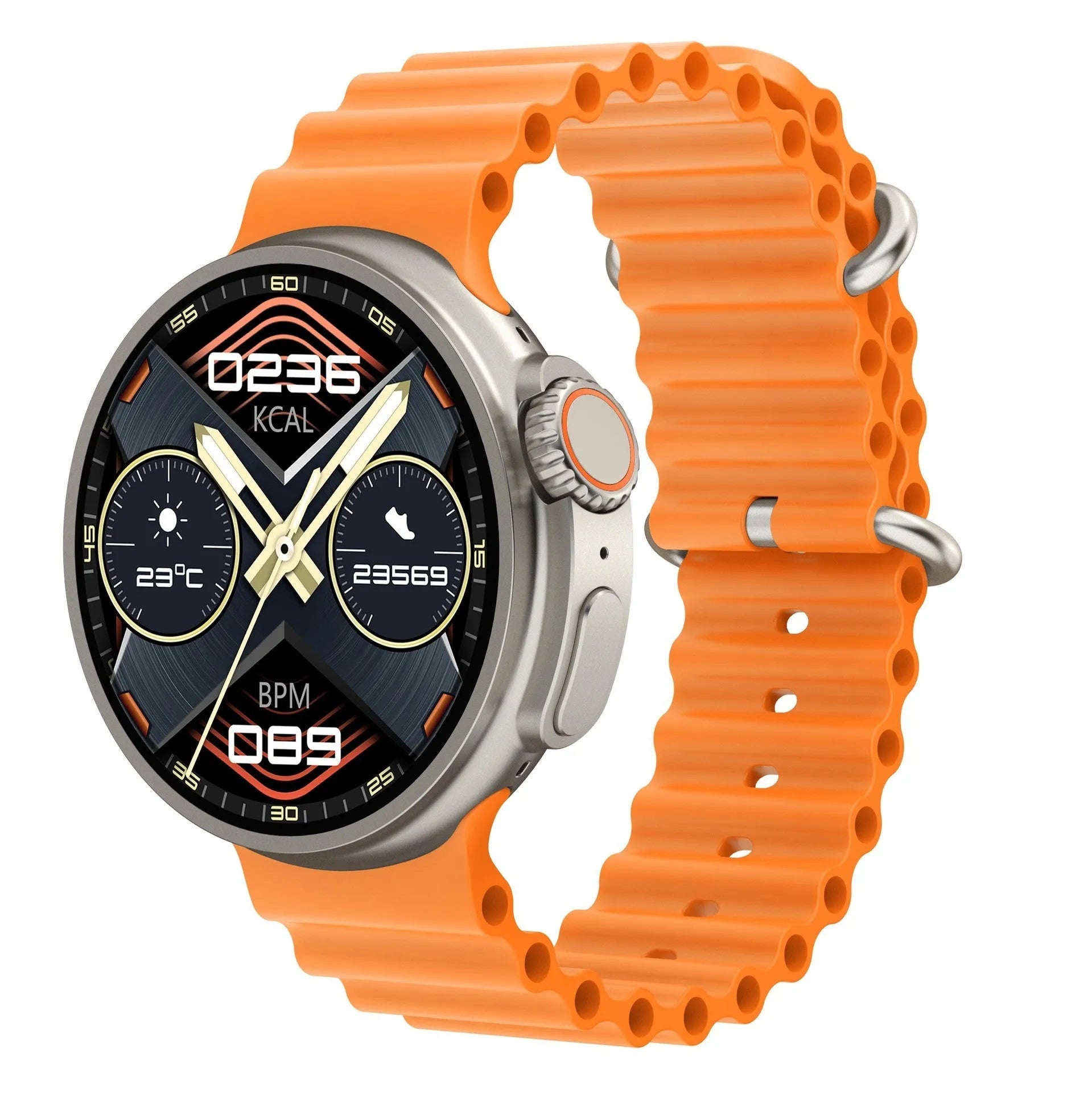 K9 smart watch with circular screen and silicone strap showing interface with health metrics