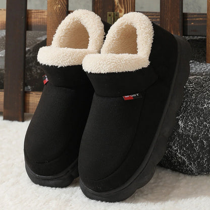 Cozy plush house slippers with soft velvet upper, warm suede lining, and thick rubber soles for indoor and light outdoor wear