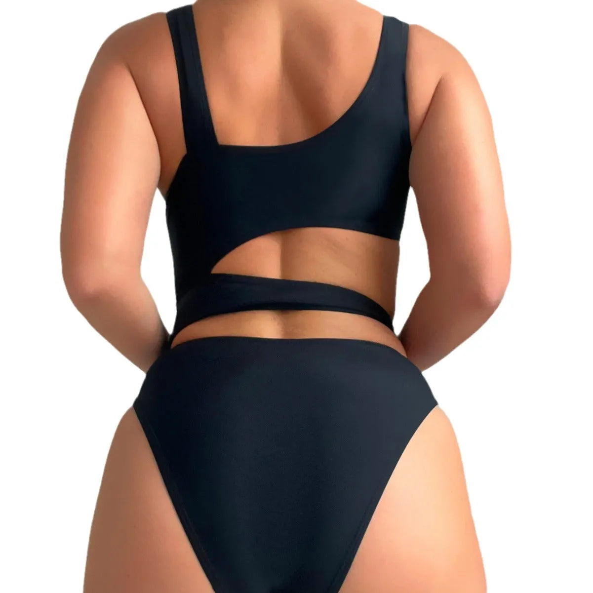 Black high-cut women's one-piece swimsuit with sleeveless design