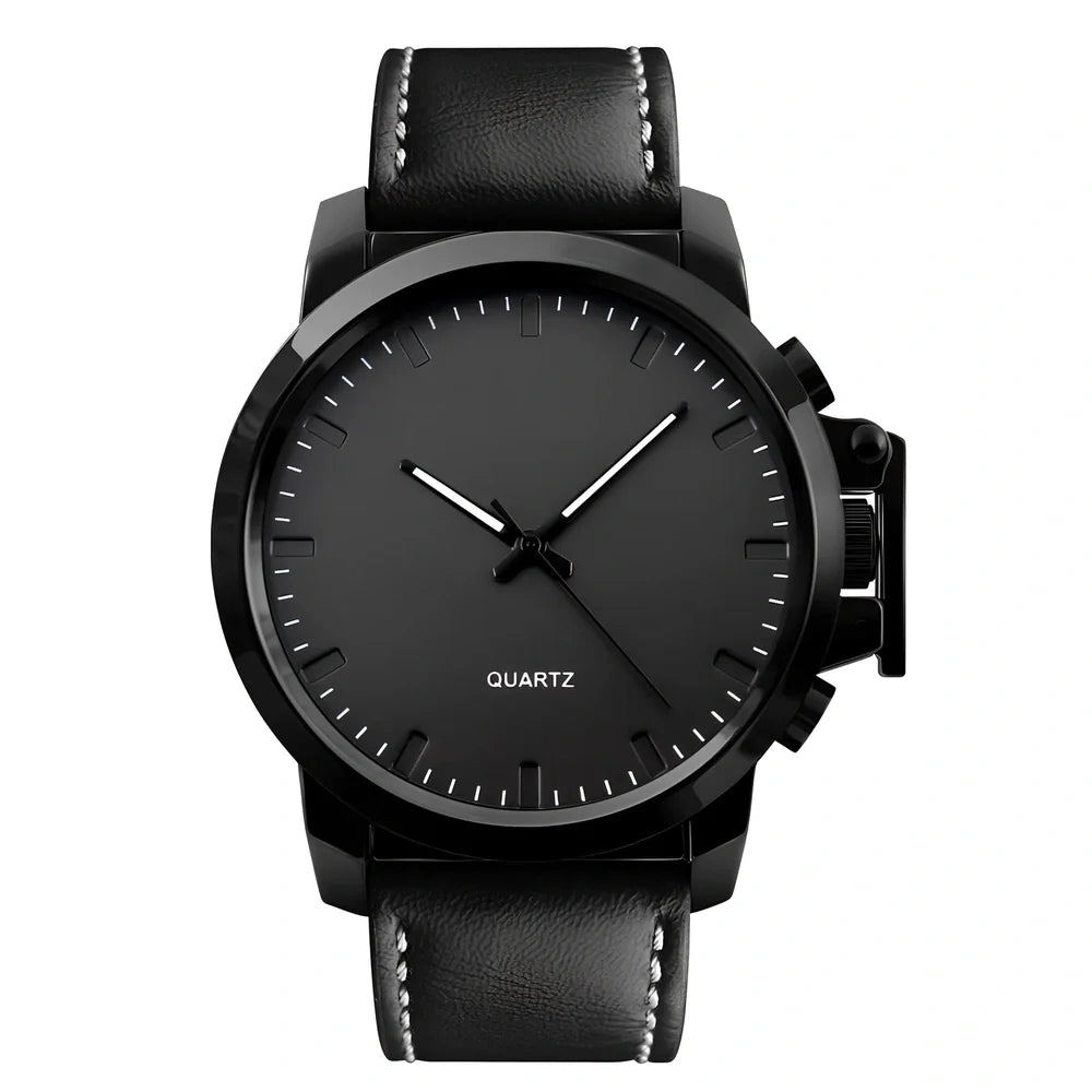 Men's black quartz wristwatch with 50mm dial, zinc alloy case, 12mm thickness, and silicone strap for outdoor use