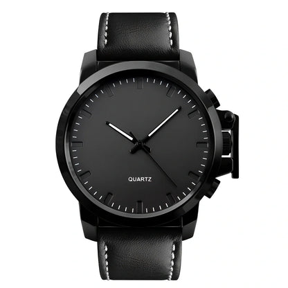 Men's black quartz wristwatch with 50mm dial, zinc alloy case, 12mm thickness, and silicone strap for outdoor use