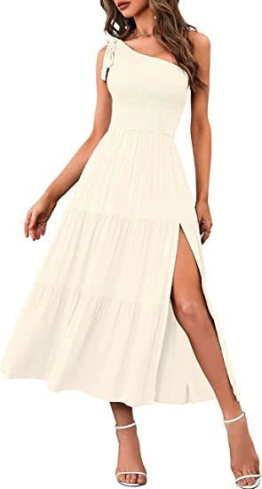 Stunning one-shoulder dress with pleated, asymmetrical hemline and side slits