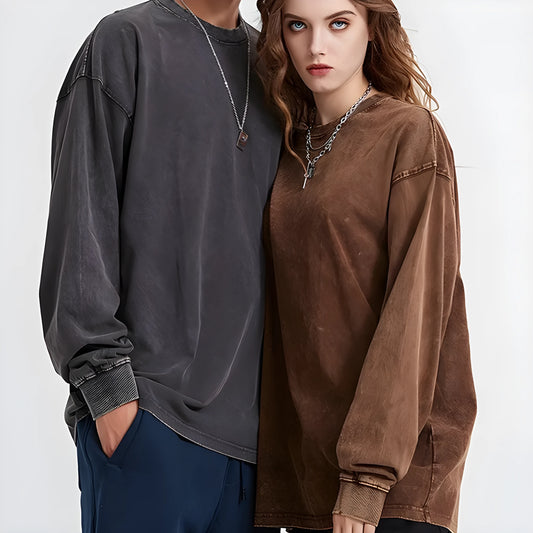 Men's washed vintage long sleeve pullover in batik print showing loose fit design and 100% cotton fabric texture