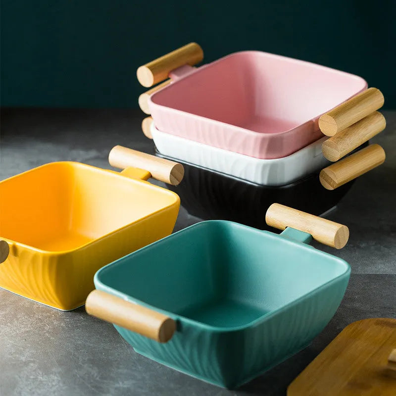 Porcelain ceramic bowl with irregular shape and matching lid in choice of four colours