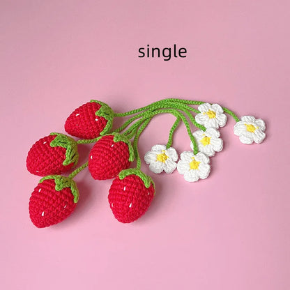 Wool crochet woven strawberry pendant necklace on 35cm chain in pink or red colour