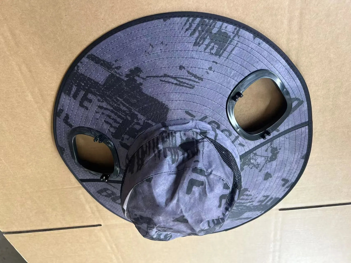 Men's grey solar fan cap with large sun shading eave and adjustable headband