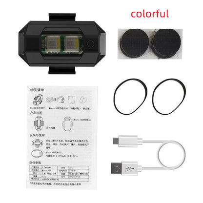 Drone strobe light with multi-colour LEDs, USB Type-C cable, and mounting tape on a ring.