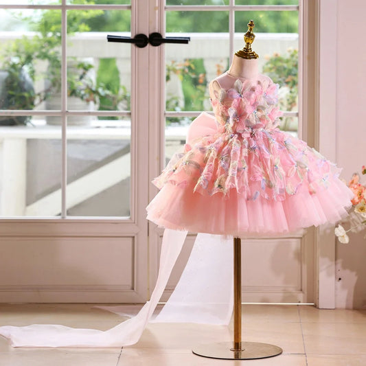 Pink children's flower girl wedding dress with height sizes from 100cm to 160cm