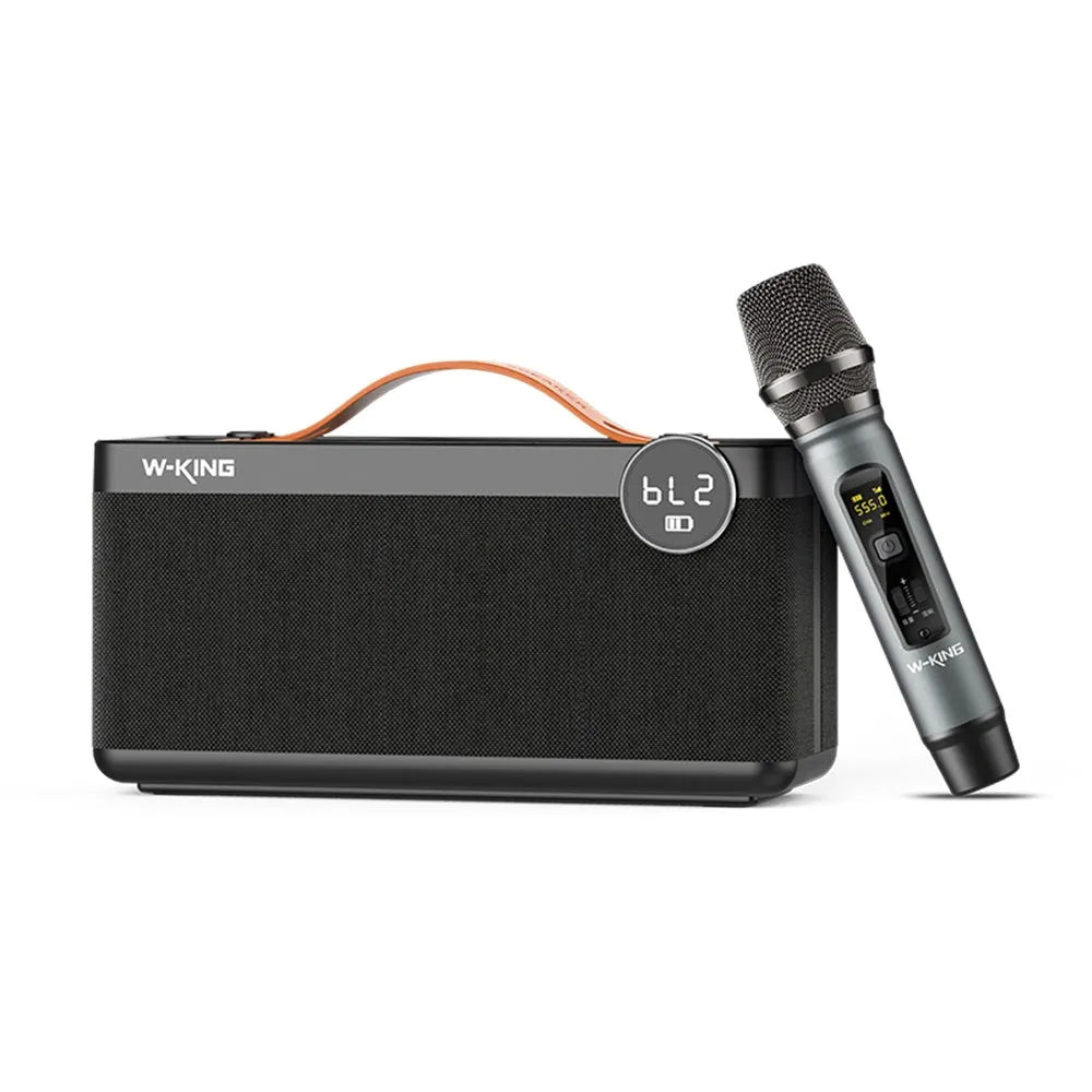 Black portable Bluetooth speaker with microphone, 215.3 x 86.3 x 109mm, USB charging, for calls and music