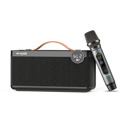 Black portable Bluetooth speaker with microphone, 215.3 x 86.3 x 109mm, USB charging, for calls and music