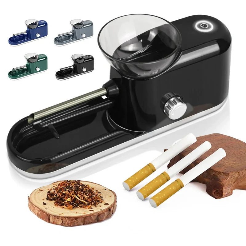 Compact, automatic cigarette rolling machine in various colors with adjustable settings for personalized tobacco filling and rolling