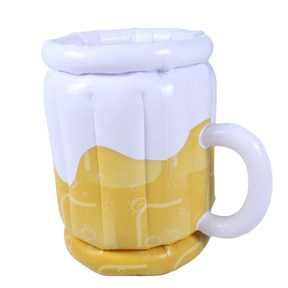 Large yellow inflatable beer mug shaped drink cooler floating in a swimming pool.