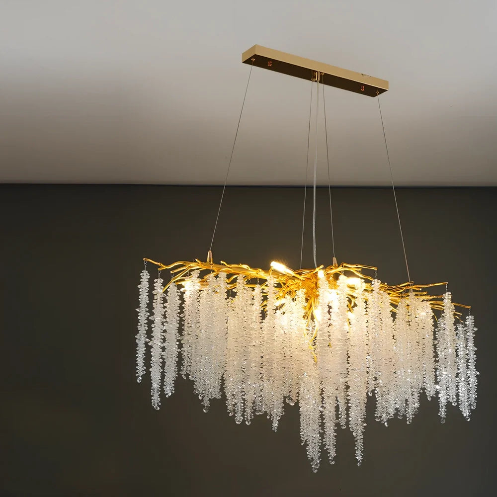 Villa crystal chandelier with adjustable height and LED lighting in multiple size options