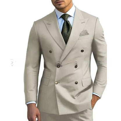 Men's light business suit set comprising a coat and trousers in a cotton blend fabric.