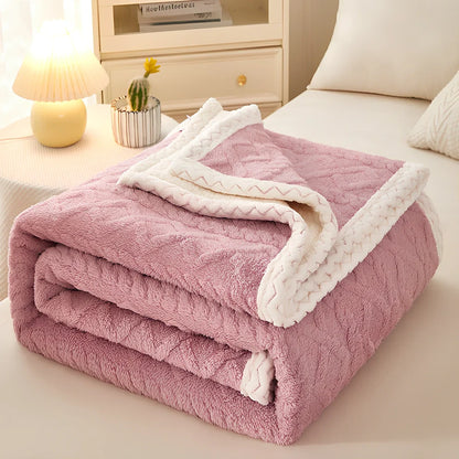 Double-thickened coral fleece sofa blanket in caramel colour showing dense texture and substantial thickness