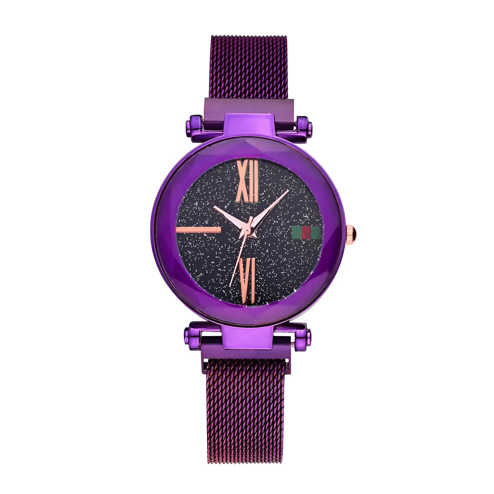 Rose gold ladies watch with round 32mm dial and magnetic stainless steel jewellery clasp on wrist.