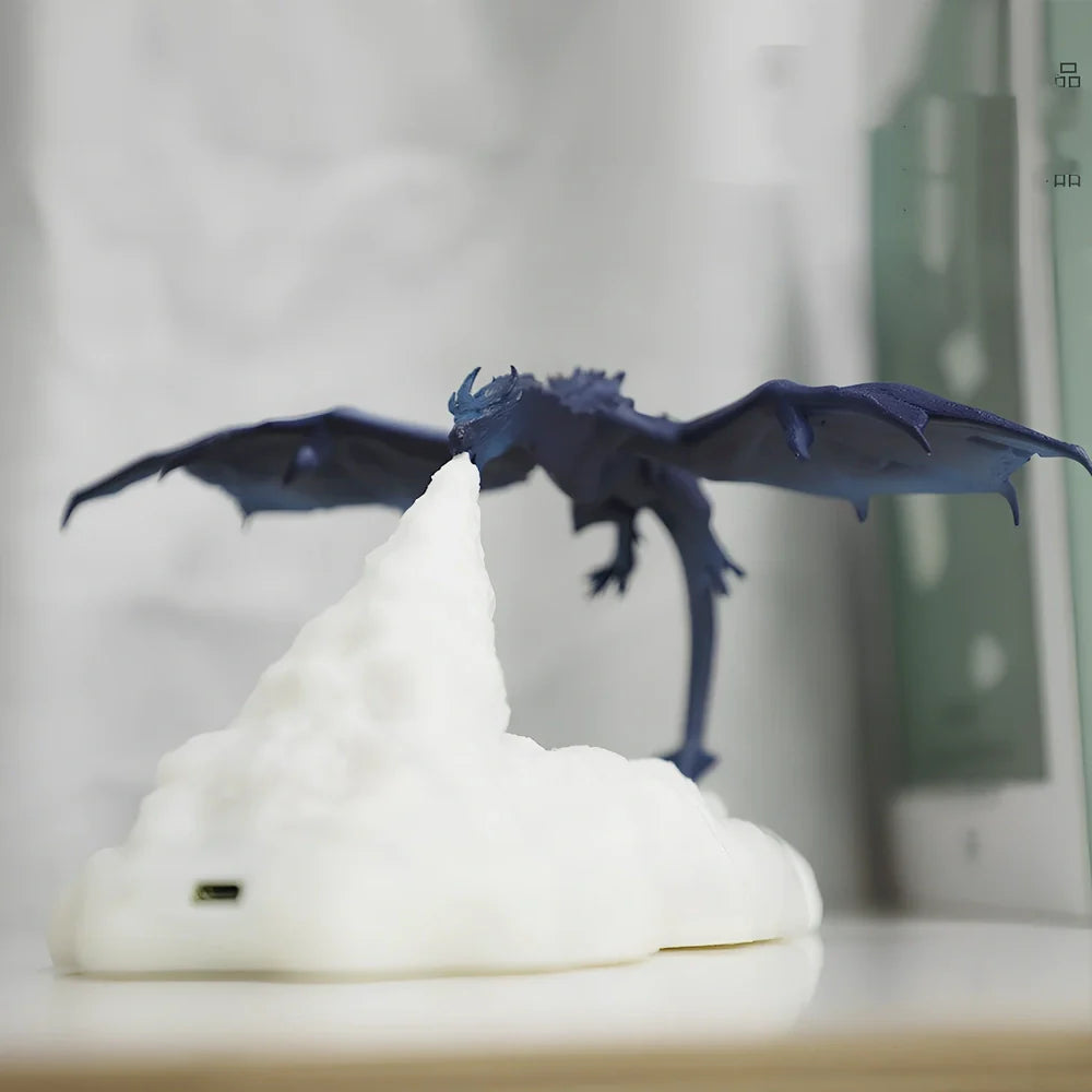 Breathing lamp with 200mm PVC shade in dragon design colours on wooden surface