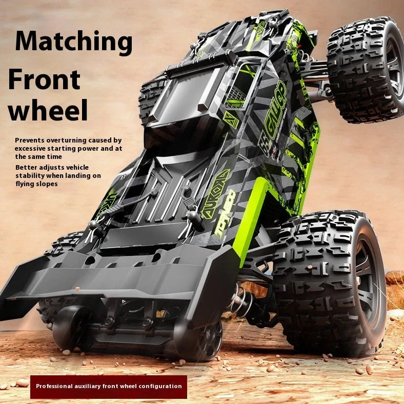 Green brushless remote control car with four-wheel drive and metal components for outdoor racing