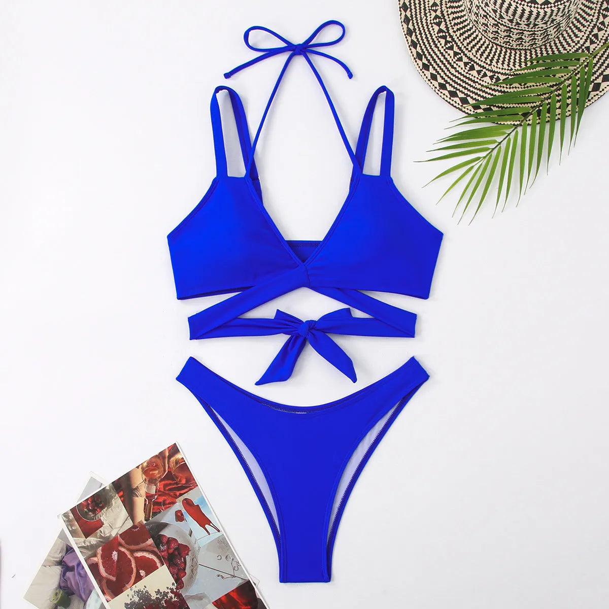 Women's solid colour bikini with adjustable strap ties and removable cups in black, red, blue, rose red, or white