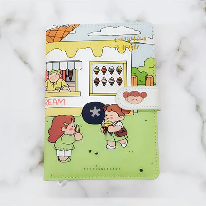 A5PU thread-bound notepad with a choice of coloured covers showing eating ice cream, reading, travelling, and outing themes.