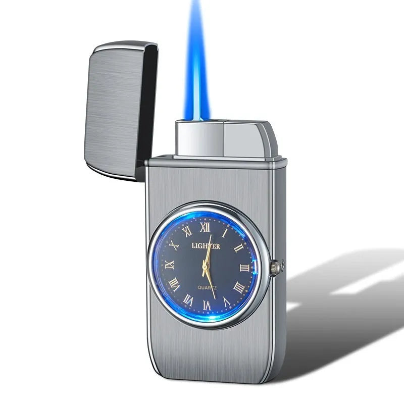 Electronic watch cigarette lighter with LED lamp in metal body showing five finish options