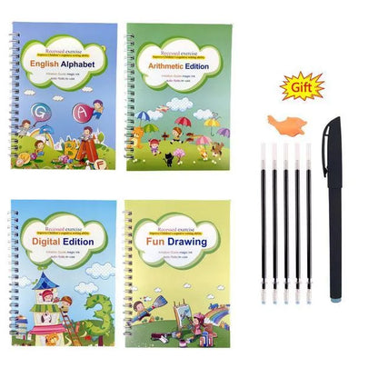 Magic calligraphy copybook set with stylus for children's handwriting practice showing 3D slot design