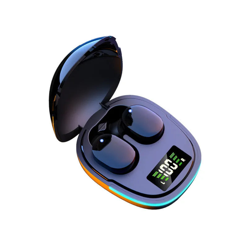 Black true wireless Bluetooth headphones with charging box showing digital battery display, silicone ear caps in three sizes