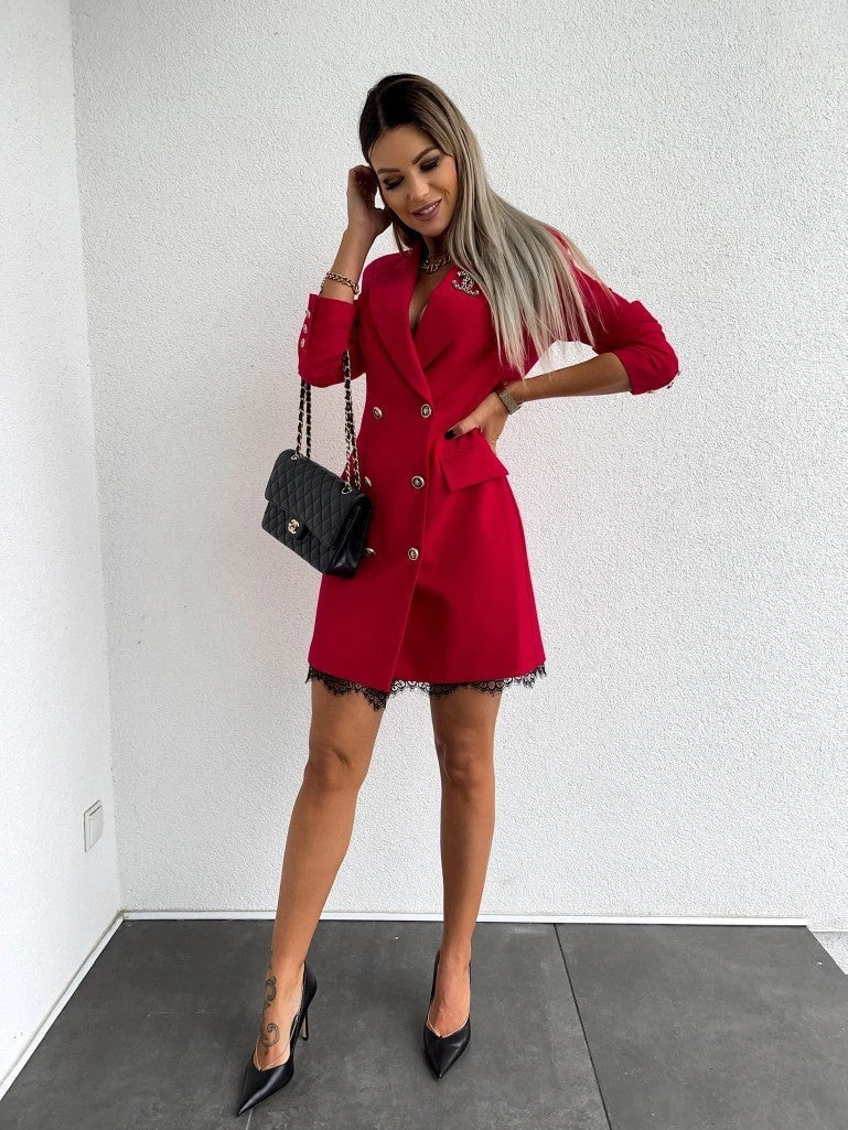 Fashionable lace midi dress with double-breasted closure and A-line silhouette in red, black, and green colors