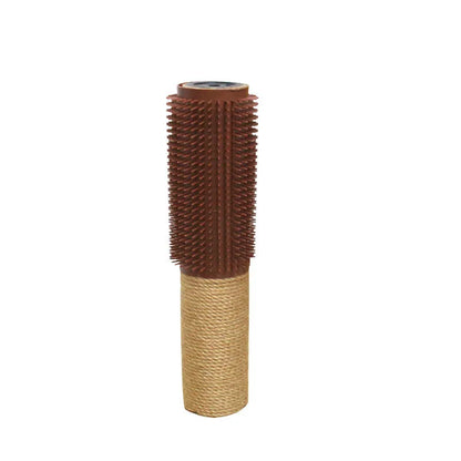 A tall, brown sisal scratching post for cats on a wooden floor next to a grey sofa.