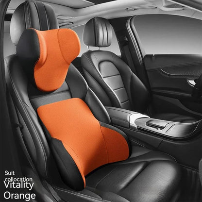 Memory foam car lumbar support pillow and headrest set in knitted fabric with hydrophobic latex filler