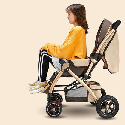 Baby stroller with reversible seat in sky blue colour showing folded and unfolded configurations