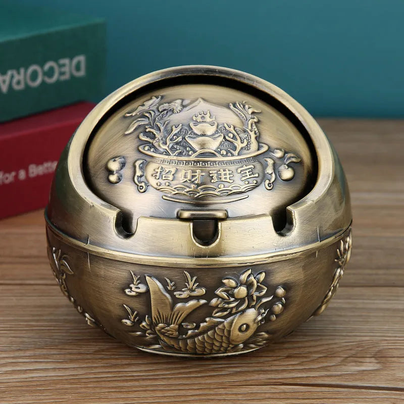 Alloy ashtray with smoke extinguishing slot in bronze finish, featuring Dragon and Phoenix motif, S size