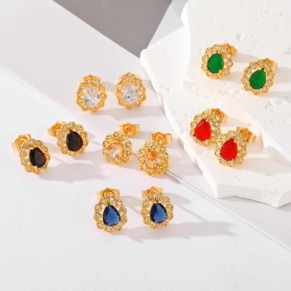 Multi-color zircon stud earrings for women in black, red, green, white, blue, and champagne