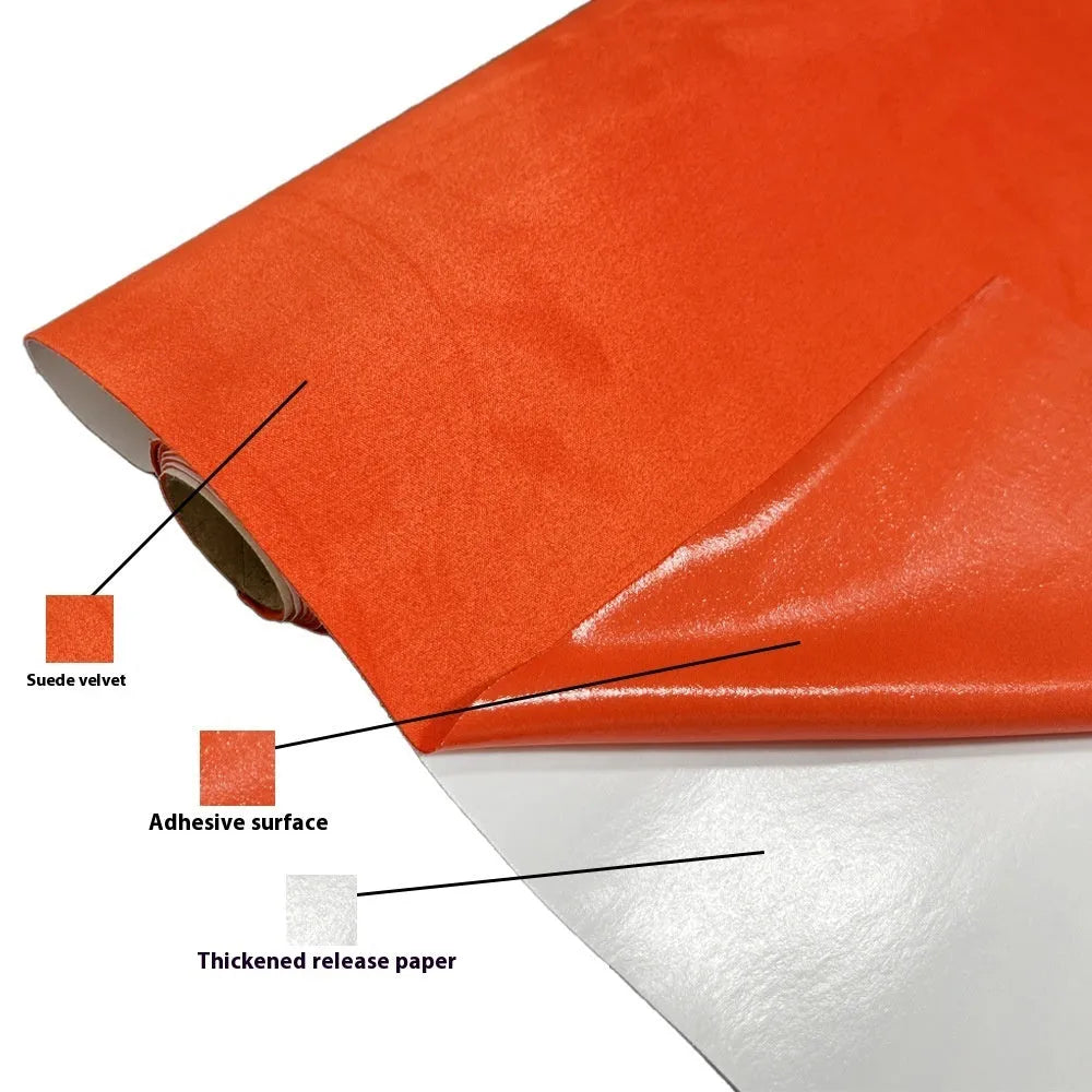 Rolls of self-adhesive leather suede in multiple colours showing texture and adhesive backing.