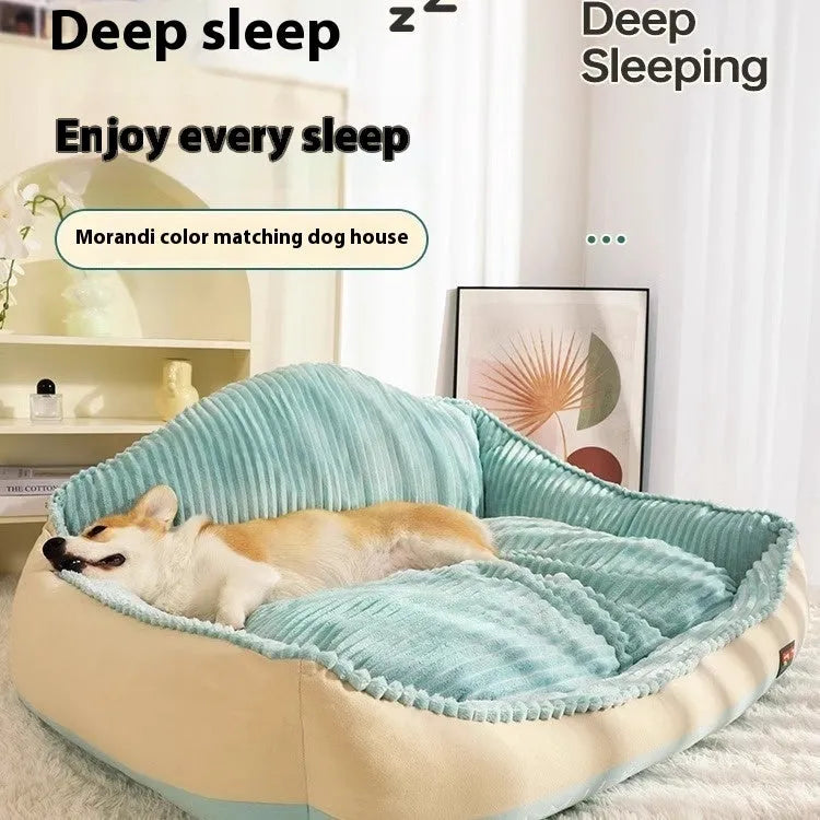 Morandi colour pet bed with removable washable cover, shown in M and L sizes for dogs up to 30kg