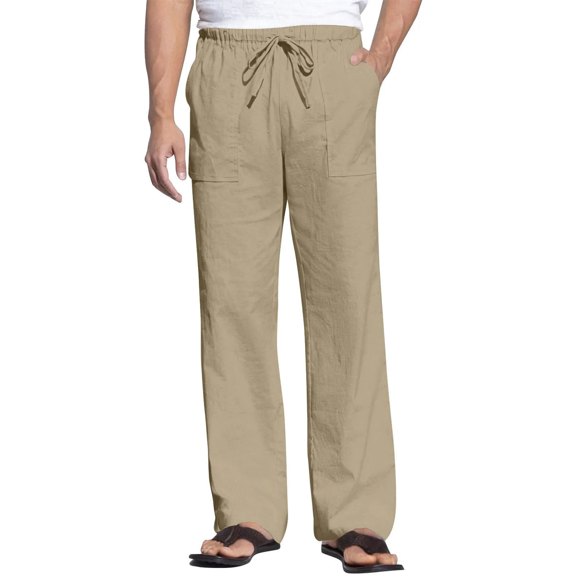 Men's straight leg cotton linen beach trousers with drawstring elastic waist