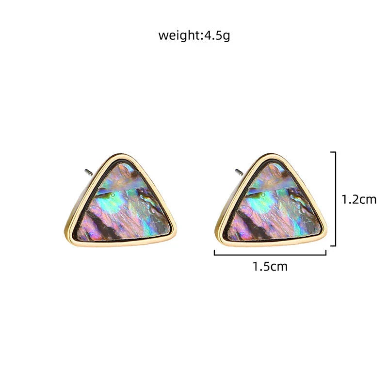 Elegant triangular earrings featuring a striking natural abalone shell inlay that shimmers with a captivating array of colors