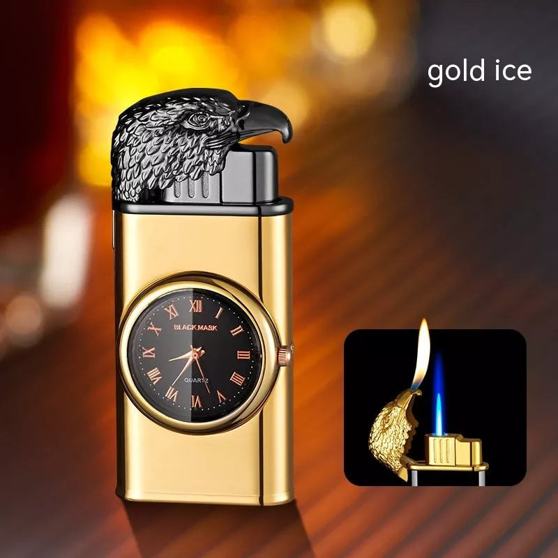 Eagle Head Double Fire Gas Lighter with watch plate design in Black Ice finish