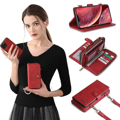 Detachable wallet backpack phone case in black, blue, brown, or red for iPhone and Samsung Galaxy models